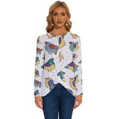 Seamless-pattern-with-hand-drawn-bird-black Long Sleeve Crew Neck Pullover Top by Simbadda