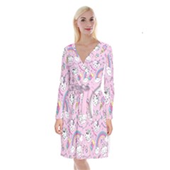 Beautiful-cute-animals-pattern-pink Long Sleeve Velvet Front Wrap Dress by Simbadda