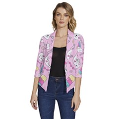 Beautiful-cute-animals-pattern-pink Women s Draped Front 3/4 Sleeve Shawl Collar Jacket by Simbadda