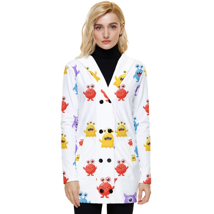 Seamless-pattern-cute-funny-monster-cartoon-isolated-white-background Button Up Hooded Coat 