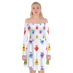 Seamless-pattern-cute-funny-monster-cartoon-isolated-white-background Off Shoulder Skater Dress by Simbadda