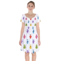 Seamless-pattern-cute-funny-monster-cartoon-isolated-white-background Short Sleeve Bardot Dress by Simbadda