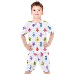 Seamless-pattern-cute-funny-monster-cartoon-isolated-white-background Kids  Tee And Shorts Set by Simbadda