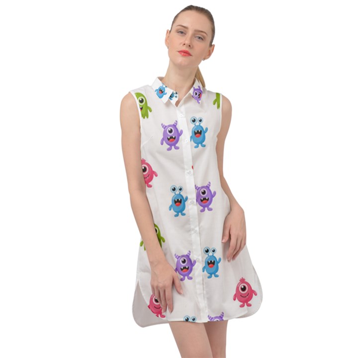 Seamless-pattern-cute-funny-monster-cartoon-isolated-white-background Sleeveless Shirt Dress