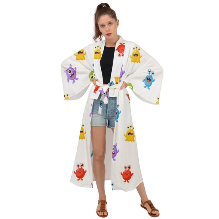 Seamless-pattern-cute-funny-monster-cartoon-isolated-white-background Maxi Kimono