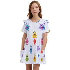 Seamless-pattern-cute-funny-monster-cartoon-isolated-white-background Kids  Frilly Sleeves Pocket Dress by Simbadda