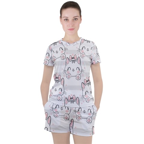 Cat-with-bow-pattern Women s Tee And Shorts Set by Simbadda