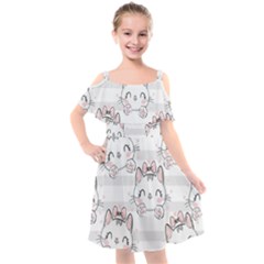 Cat-with-bow-pattern Kids  Cut Out Shoulders Chiffon Dress by Simbadda