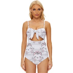 Cat-with-bow-pattern Knot Front One-piece Swimsuit by Simbadda