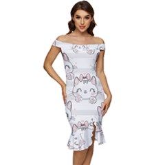 Cat-with-bow-pattern Off Shoulder Ruffle Split Hem Bodycon Dress by Simbadda