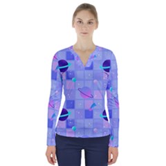 Seamless-pattern-pastel-galaxy-future V-neck Long Sleeve Top by Simbadda