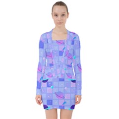 Seamless-pattern-pastel-galaxy-future V-neck Bodycon Long Sleeve Dress by Simbadda