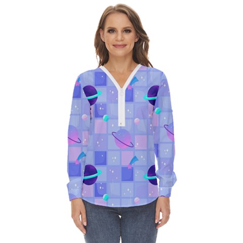 Seamless-pattern-pastel-galaxy-future Zip Up Long Sleeve Blouse by Simbadda