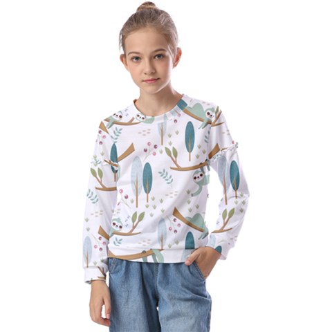 Pattern-sloth-woodland Kids  Long Sleeve Tee With Frill  by Simbadda