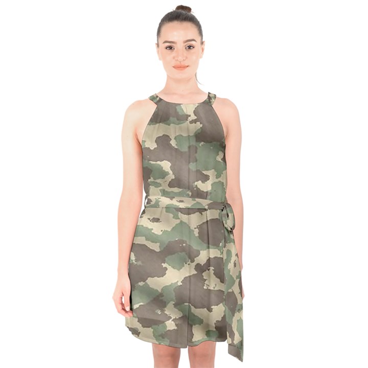 Camouflage Design Halter Collar Waist Tie Chiffon Dress