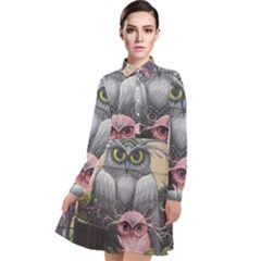 Graffiti Owl Design Long Sleeve Chiffon Shirt Dress by Excel