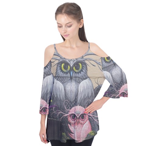 Graffiti Owl Design Flutter Sleeve Tee  by Excel