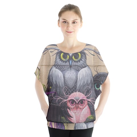 Graffiti Owl Design Batwing Chiffon Blouse by Excel