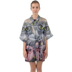 Graffiti Owl Design Half Sleeve Satin Kimono  by Excel