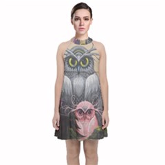 Graffiti Owl Design Velvet Halter Neckline Dress 