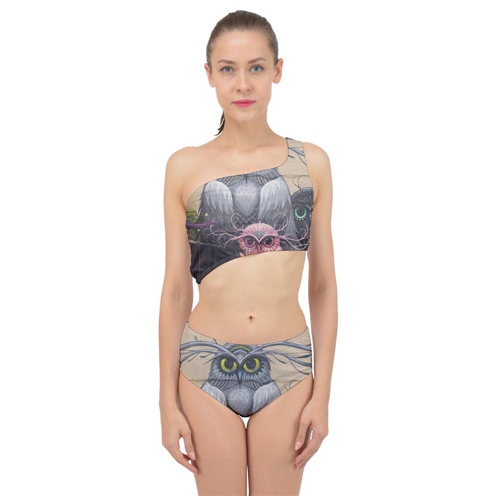 Graffiti Owl Design Spliced Up Two Piece Swimsuit