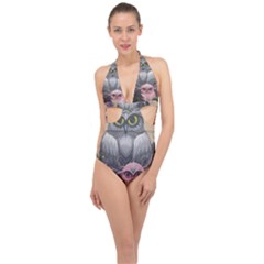 Graffiti Owl Design Halter Front Plunge Swimsuit by Excel