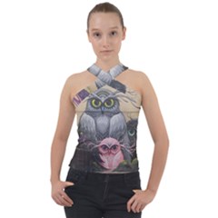 Graffiti Owl Design Cross Neck Velour Top by Excel