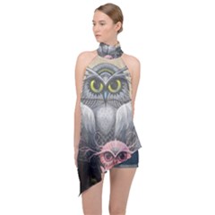 Graffiti Owl Design Halter Asymmetric Satin Top by Excel