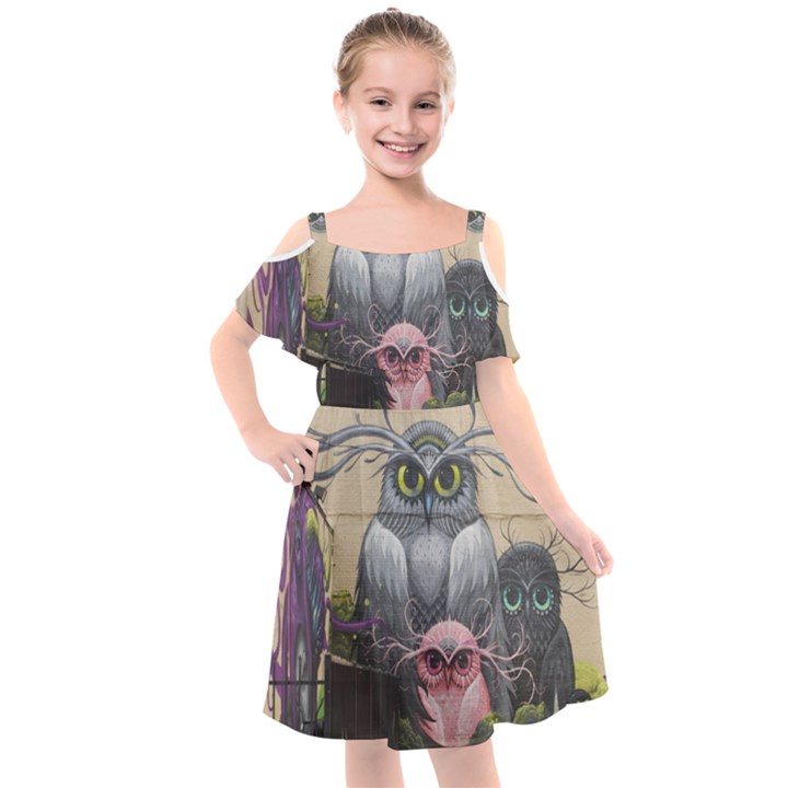 Graffiti Owl Design Kids  Cut Out Shoulders Chiffon Dress