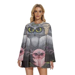 Graffiti Owl Design Round Neck Long Sleeve Bohemian Style Chiffon Mini Dress by Excel