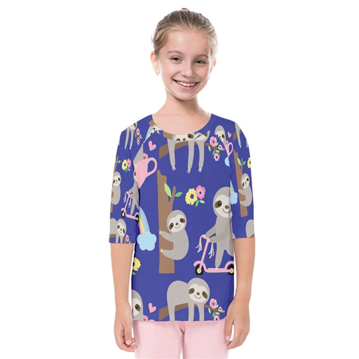 Hand-drawn-cute-sloth-pattern-background Kids  Quarter Sleeve Raglan Tee