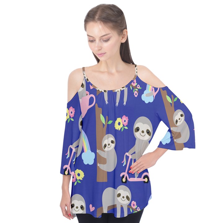 Hand-drawn-cute-sloth-pattern-background Flutter Sleeve Tee 