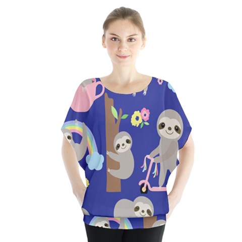 Hand-drawn-cute-sloth-pattern-background Batwing Chiffon Blouse by Simbadda