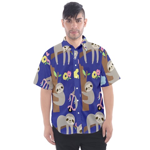 Hand-drawn-cute-sloth-pattern-background Men s Short Sleeve Shirt by Simbadda