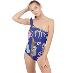 Hand-drawn-cute-sloth-pattern-background Frilly One Shoulder Swimsuit