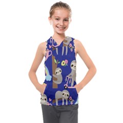 Hand-drawn-cute-sloth-pattern-background Kids  Sleeveless Hoodie by Simbadda