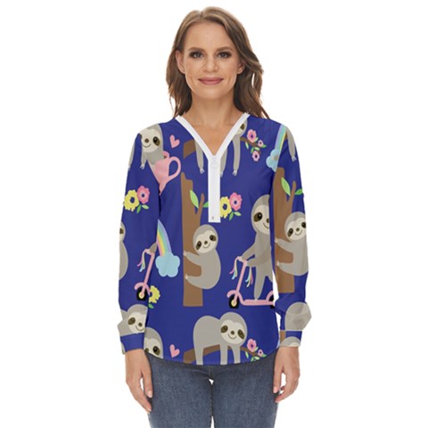 Hand-drawn-cute-sloth-pattern-background Zip Up Long Sleeve Blouse by Simbadda