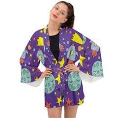 Card-with-lovely-planets Long Sleeve Kimono by Simbadda