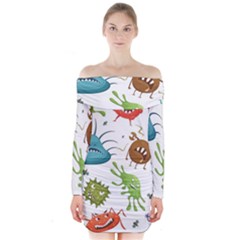 Dangerous-streptococcus-lactobacillus-staphylococcus-others-microbes-cartoon-style-vector-seamless-p Long Sleeve Off Shoulder Dress by Simbadda