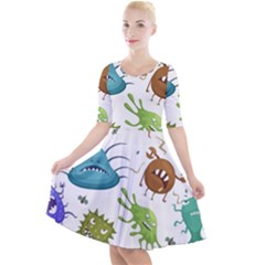 Dangerous-streptococcus-lactobacillus-staphylococcus-others-microbes-cartoon-style-vector-seamless-p Quarter Sleeve A-line Dress by Simbadda