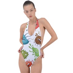 Dangerous-streptococcus-lactobacillus-staphylococcus-others-microbes-cartoon-style-vector-seamless-p Backless Halter One Piece Swimsuit by Simbadda