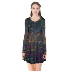 Mathematical-colorful-formulas-drawn-by-hand-black-chalkboard Long Sleeve V-neck Flare Dress by Simbadda