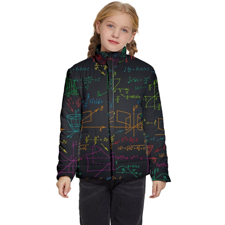 Mathematical-colorful-formulas-drawn-by-hand-black-chalkboard Kids  Puffer Bubble Jacket Coat