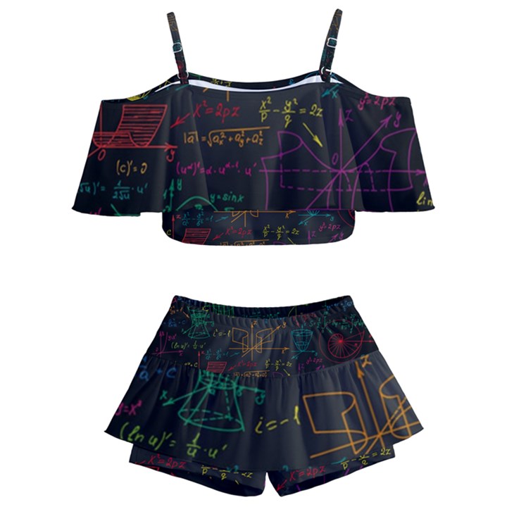 Mathematical-colorful-formulas-drawn-by-hand-black-chalkboard Kids  Off Shoulder Skirt Bikini