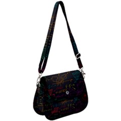 Mathematical-colorful-formulas-drawn-by-hand-black-chalkboard Saddle Handbag by Simbadda