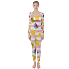 Tropical-fruits-berries-seamless-pattern Long Sleeve Catsuit by Simbadda