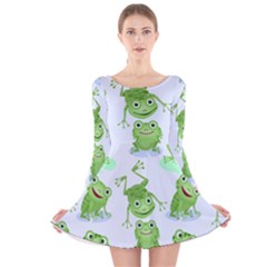 Cute-green-frogs-seamless-pattern Long Sleeve Velvet Skater Dress by Simbadda