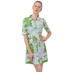 Cute-green-frogs-seamless-pattern Belted Shirt Dress