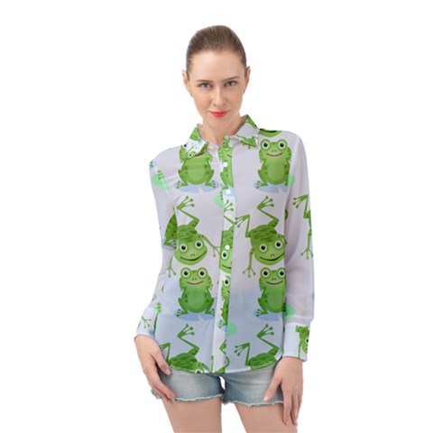 Cute-green-frogs-seamless-pattern Long Sleeve Chiffon Shirt by Simbadda