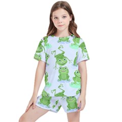 Cute-green-frogs-seamless-pattern Kids  Tee And Sports Shorts Set by Simbadda